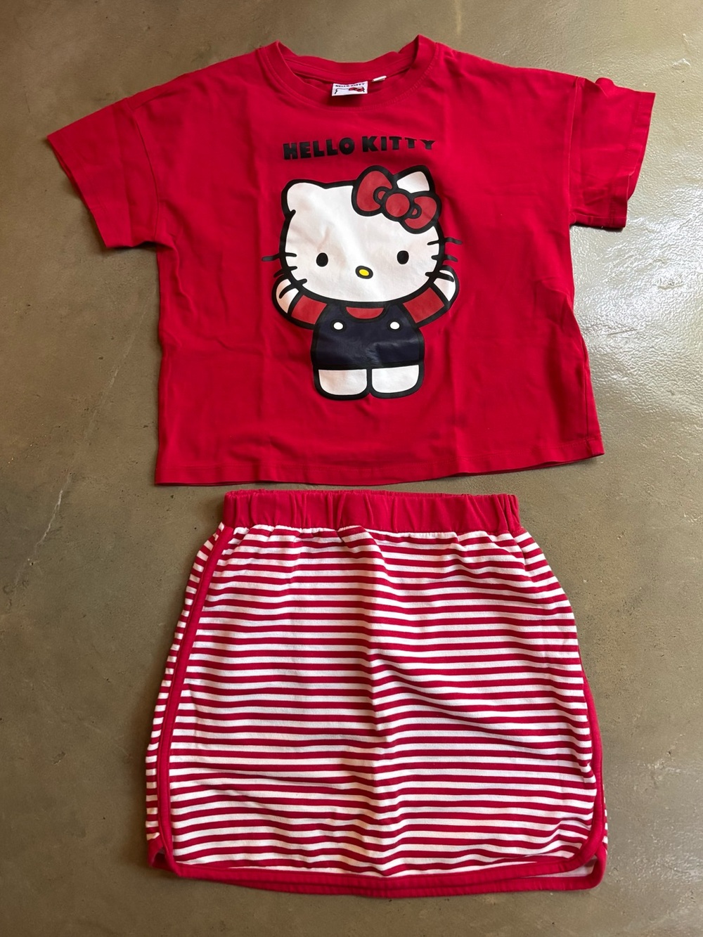OVS Bundle Girls 8-9 Hello Kitty Red Short-Sleeve Top & Red/White Striped Skirt